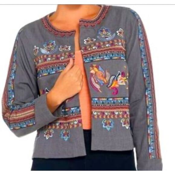 Laurie Felt 100% Cotton Bohemian Floral Embroidered Blazer Jacket - Picture 2 of 14